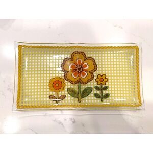 Vintage 70s Floral Glass Tray Yellow Orange Flower Retro MCM Trinket Dish Tray